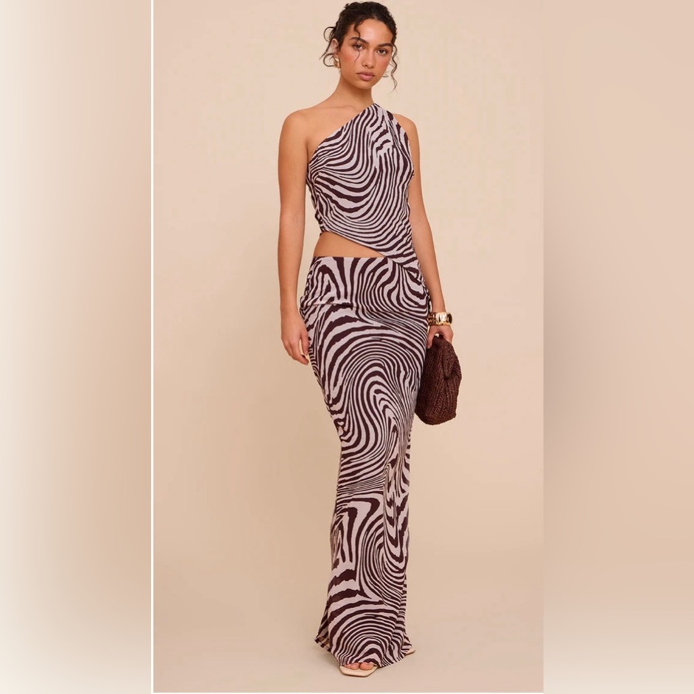 PrettyLittleThing Brown Zebra Print Asymmetric top with Maxi skirt